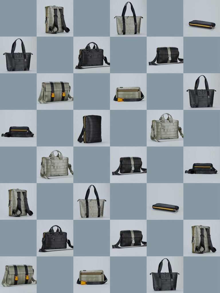 overview of bags from the brand eKodoKi, shown on a checkerboard pattern, and used as mobile banner