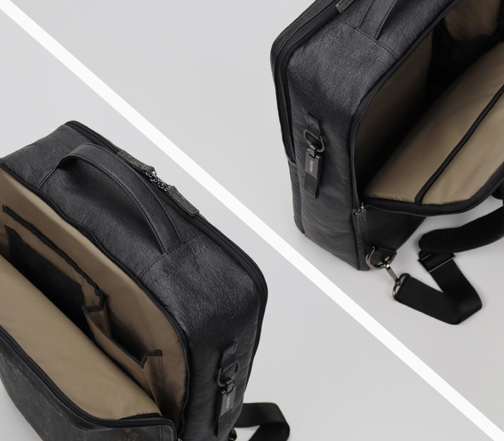 two photographs from the cork and hanji duo backpack size L from the brand eKodoKi, showing the inside of the bag.