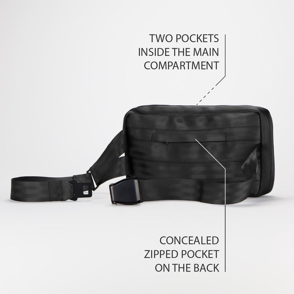 photograph of the back of a black sling bag size L from the RE-BELT collection by eKodoKi, overlaid with a list of its key features