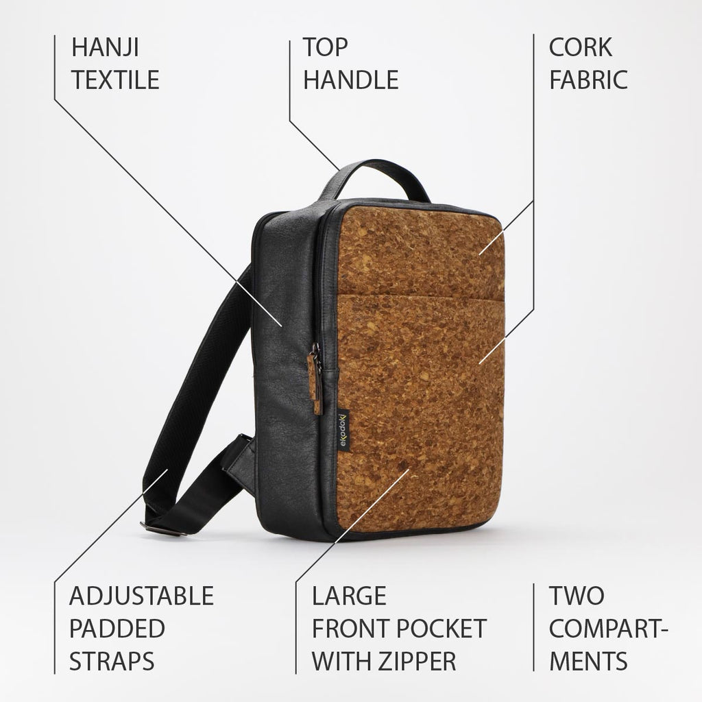 photograph of the outside of a sienna flocked backpack size M from the KWORK collection by eKodoKi, overlaid with a list of its key features