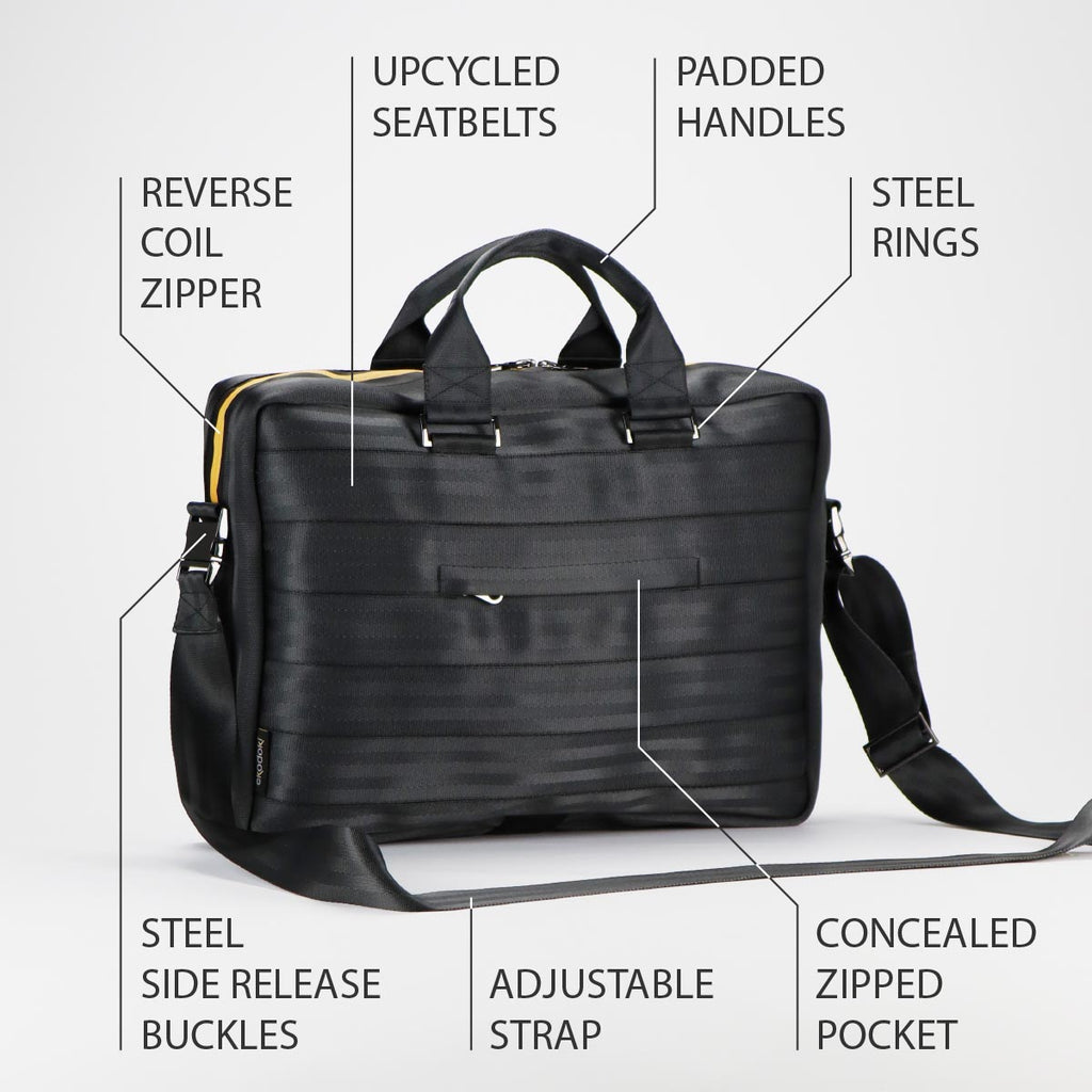 photograph of the outside of a black briefcase size L from the RE-BELT collection by eKodoKi, overlaid with a list of its key features