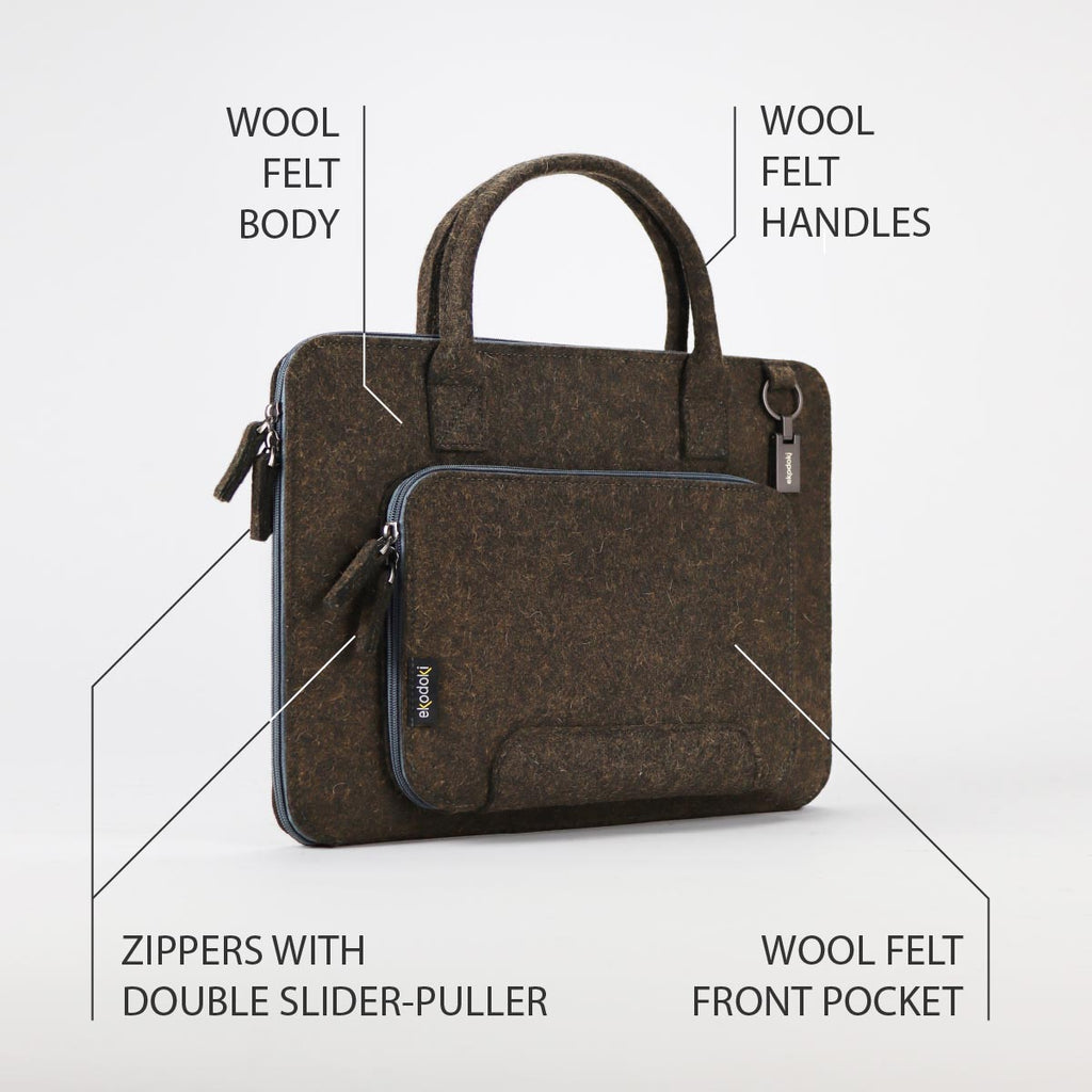 photograph of the outside of a brown and black laptop bag, size 15 inch, from the WOOLI collection by eKodoKi, overlaid with a list of its key features