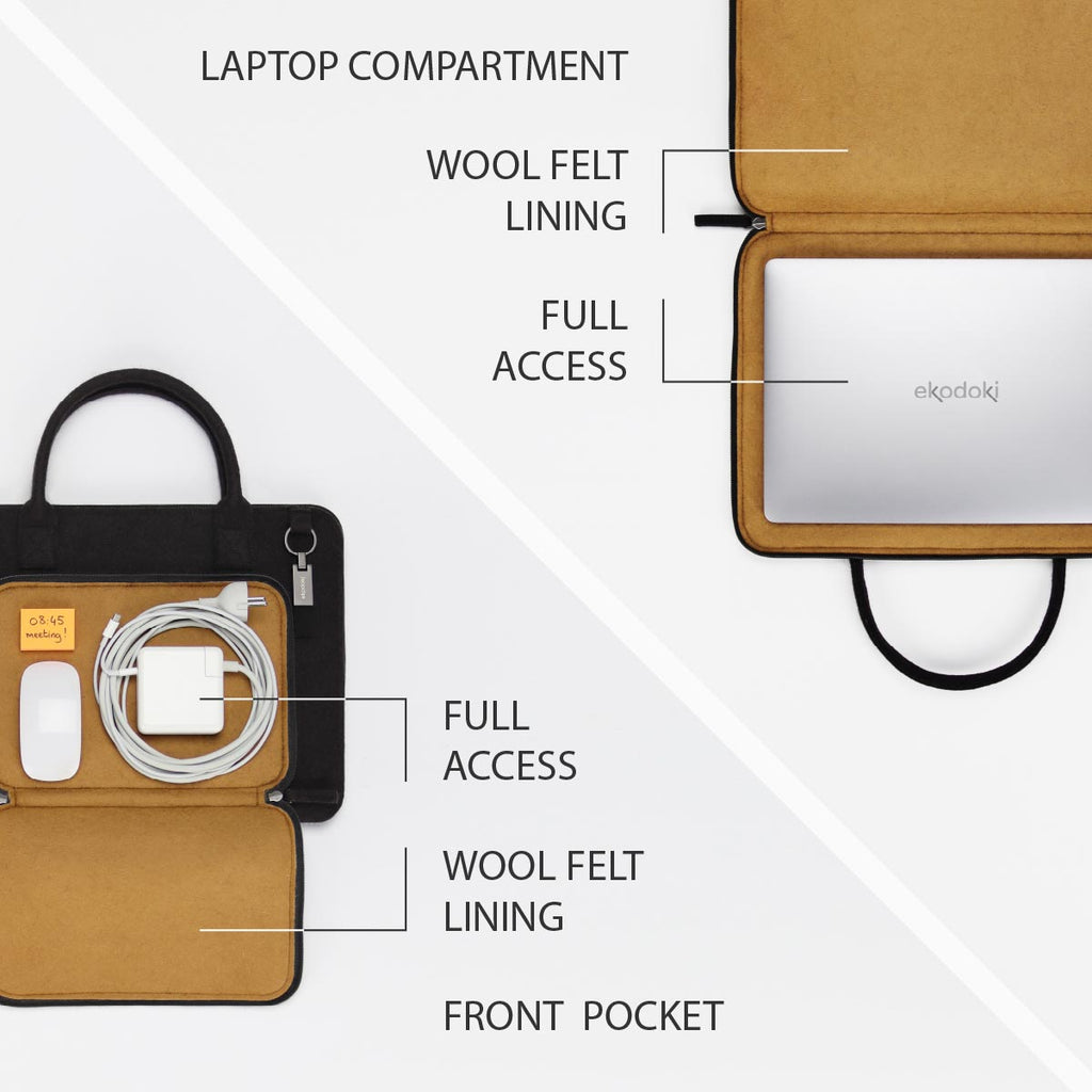 two photographs of the inside of a black and yellow ocre laptop bag, size 15 inch, from the WOOLI collection by eKodoKi, overlaid with a list of its key features