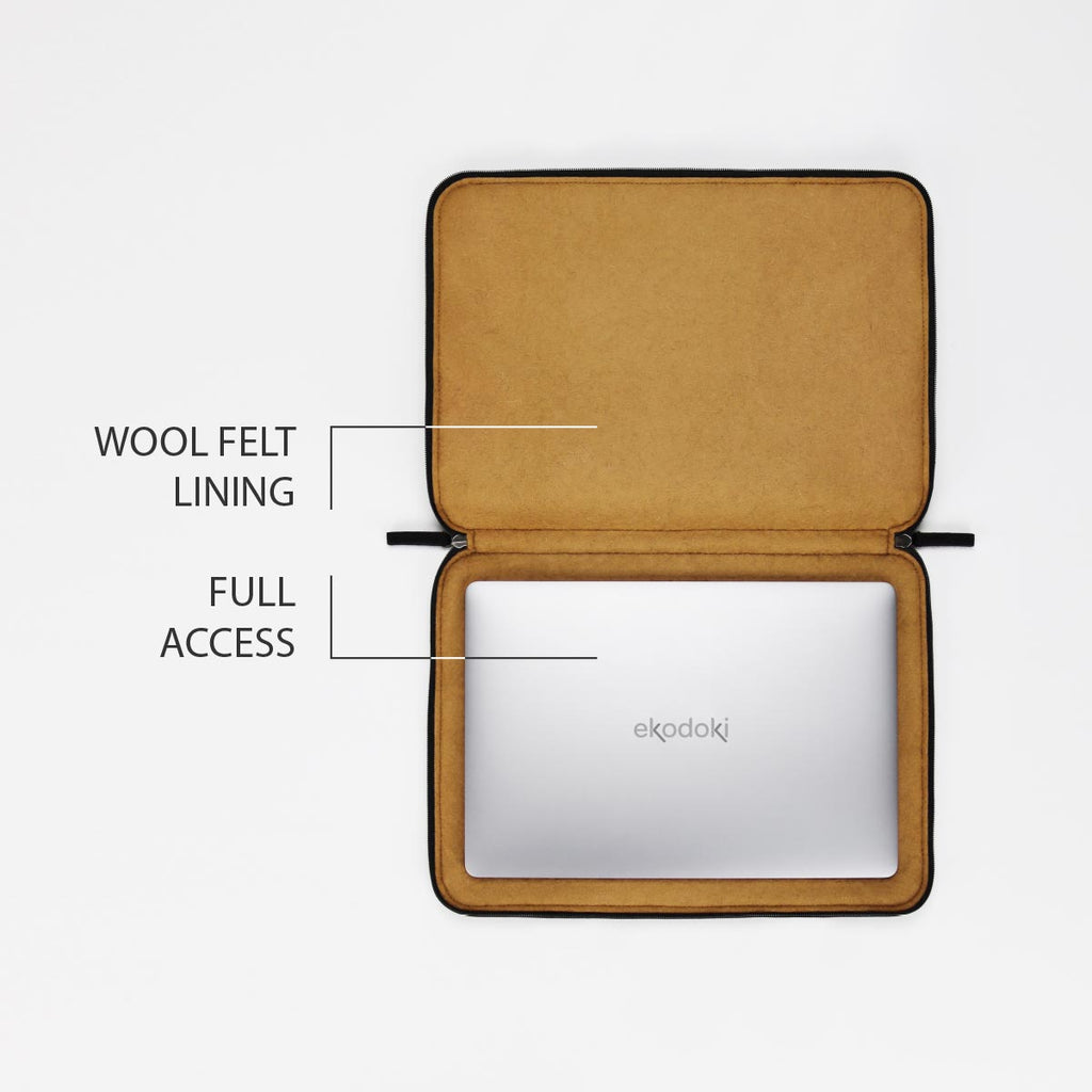 photograph of the inside of a black and yellow ocre laptop sleeve, size 15 inch, from the WOOLI collection by eKodoKi, overlaid with a list of its key features