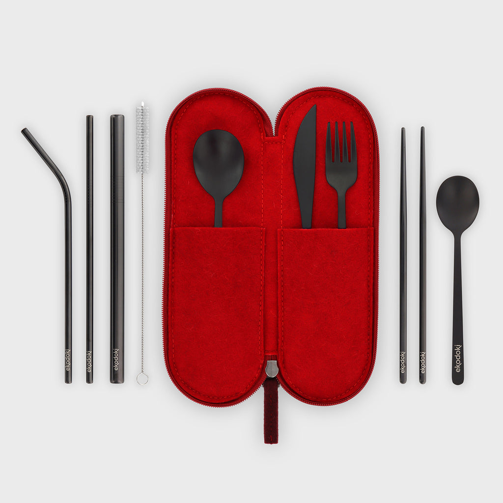10 piece black cutlery set in dark red wool felt soft case with red wool felt lining eKodoKi KITTO WOOLI