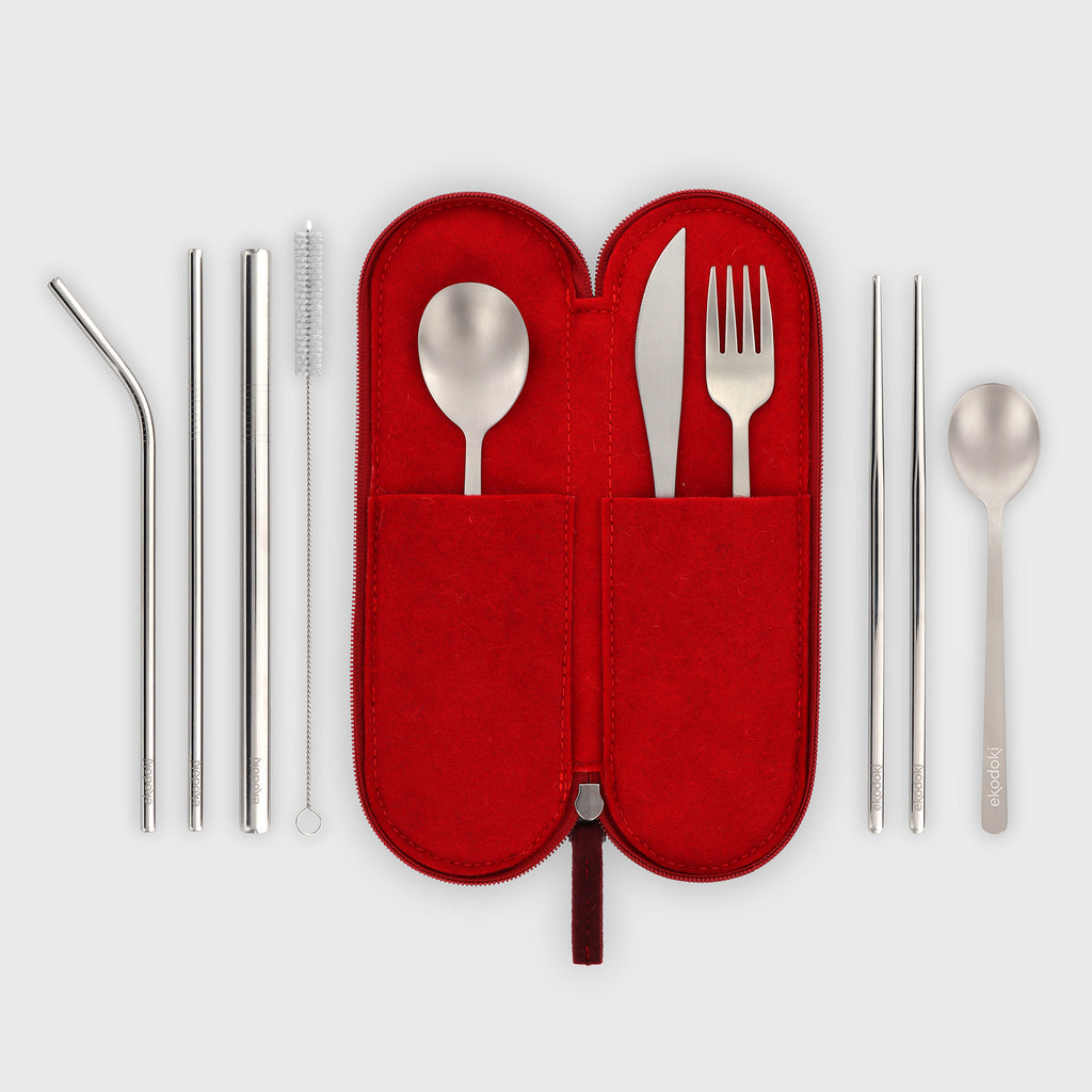 10 piece silver cutlery set in dark red wool felt soft case with red wool felt lining eKodoKi KITTO WOOLI