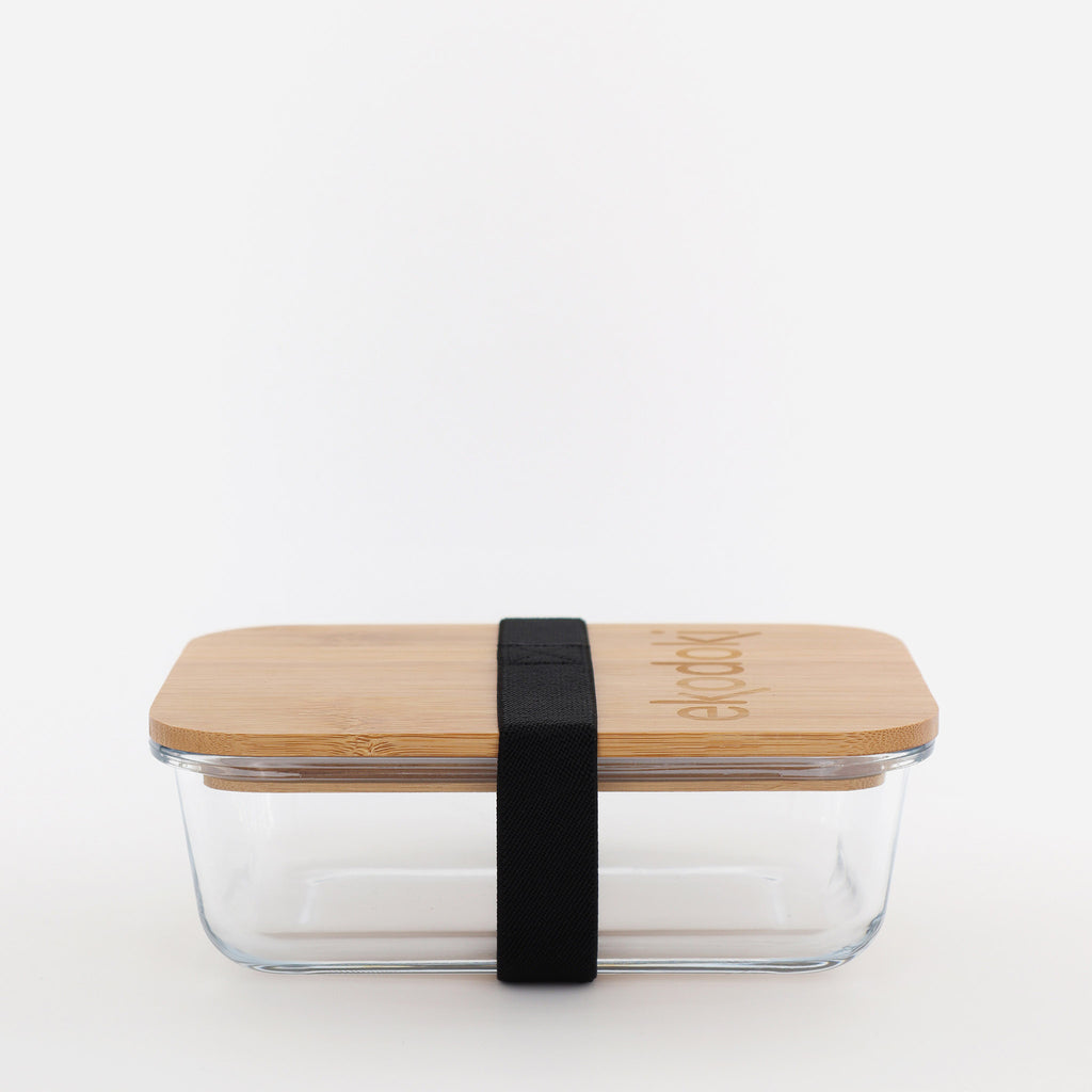 glass lunchbox 1000ml 34oz with natural bamboo lid and black elastic fabric strap eKodoKi FORNO