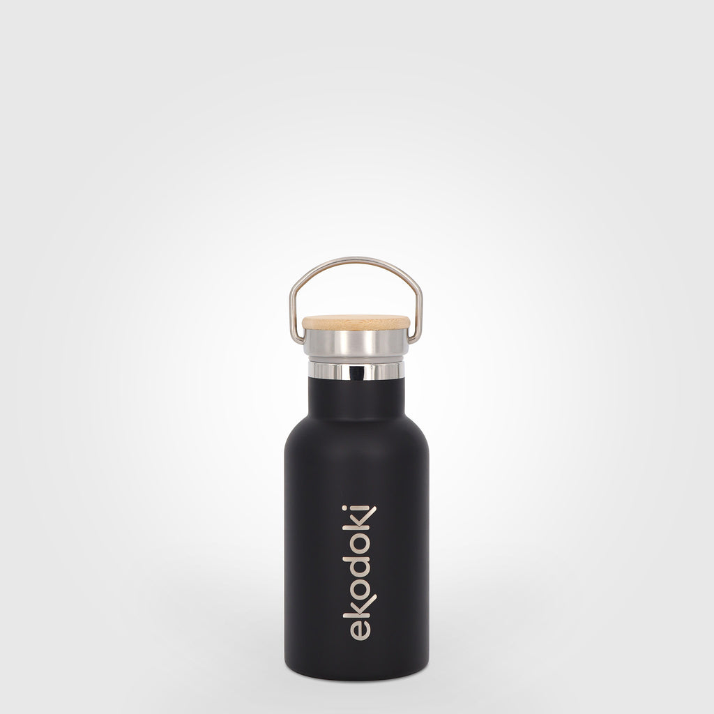 reusable black stainless steel insulated bottle 330ml 33cl 17oz with cap mounted carrying handle eKodoKi THERMOS