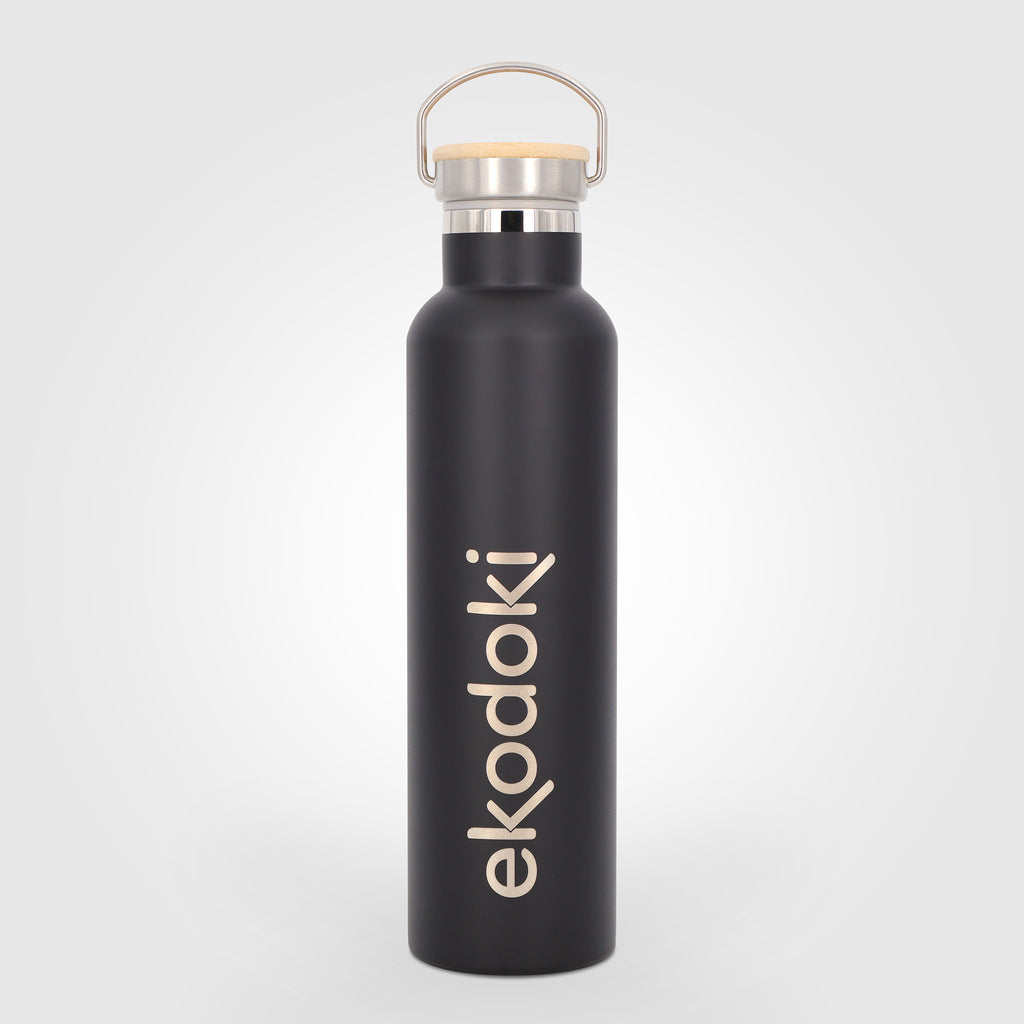 reusable black stainless steel insulated bottle 750ml 75cl 25oz with cap mounted carrying handle eKodoKi THERMOS
