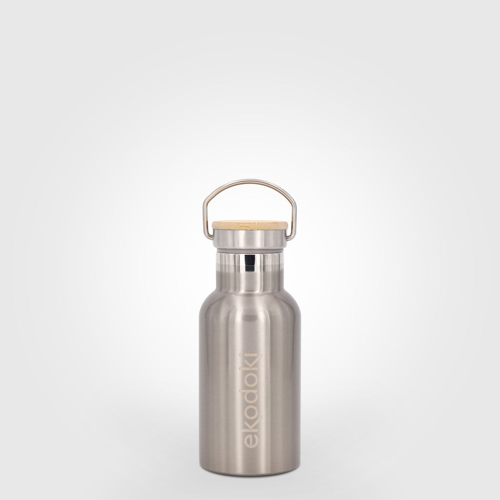 reusable brushed stainless steel insulated bottle 330ml 33cl 17oz with cap mounted carrying handle eKodoKi THERMOS