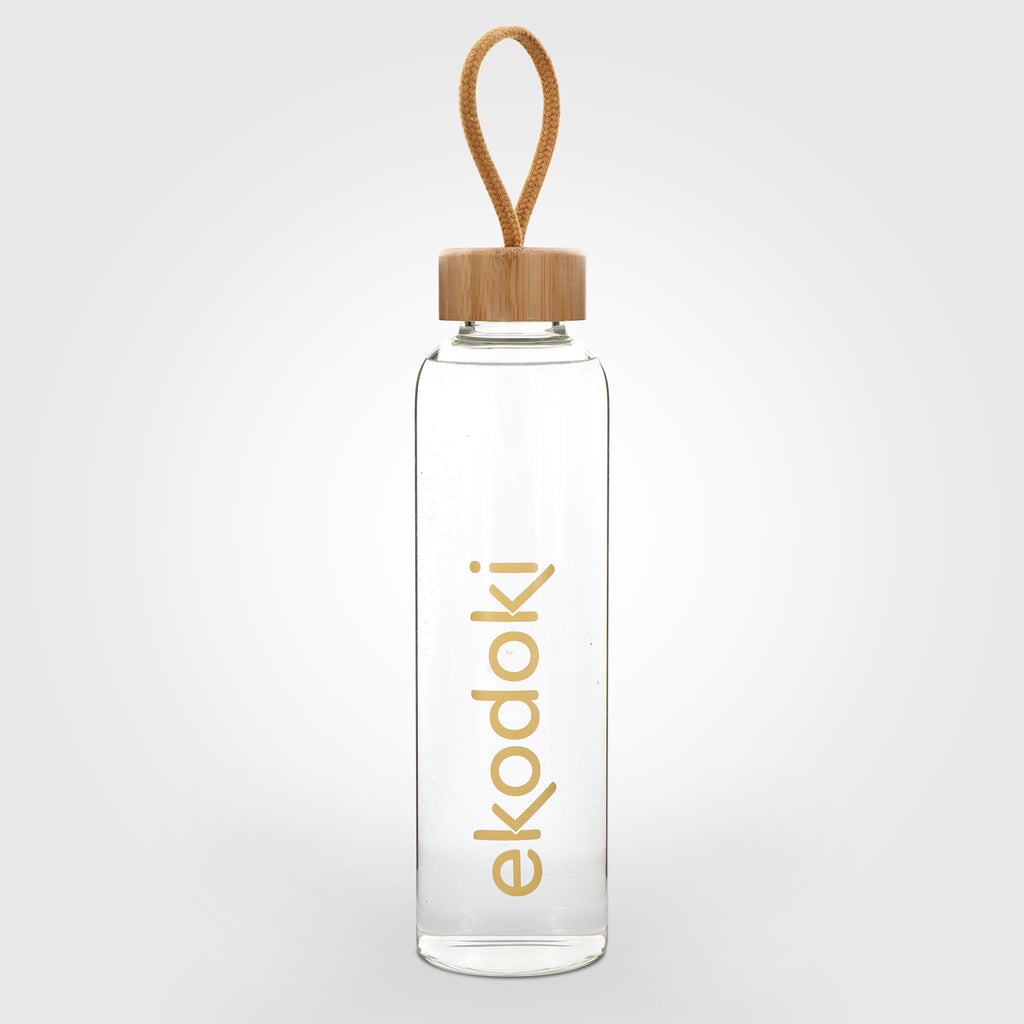 reusable glass water bottle 550ml bamboo cap closure with built-in carrying rope eKodoKi HYDRO
