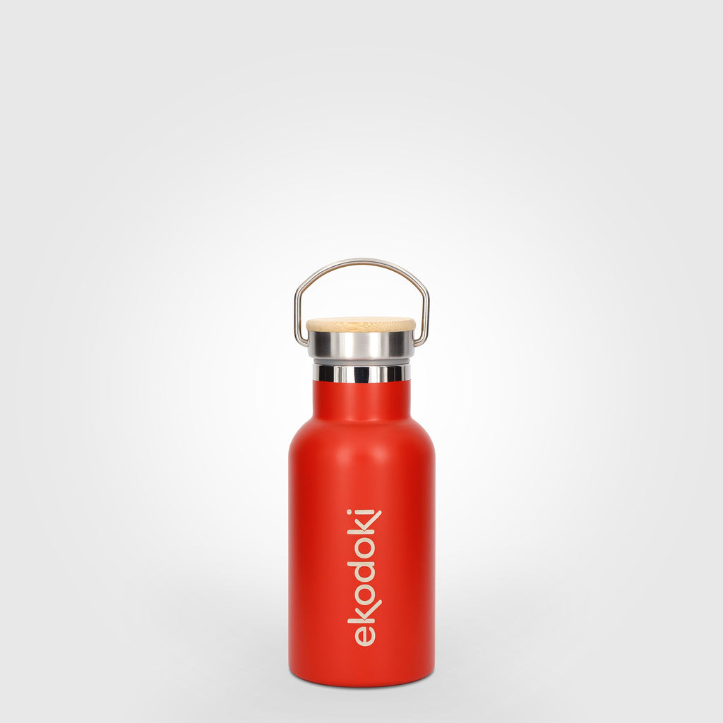 reusable red stainless steel insulated bottle 330ml 33cl 17oz with cap mounted carrying handle eKodoKi THERMOS
