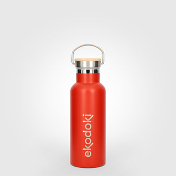 reusable red stainless steel insulated bottle 500ml 50cl 17oz with cap mounted carrying handle eKodoKi THERMOS