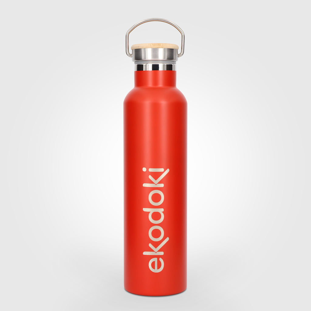 reusable red stainless steel insulated bottle 750ml 75cl 25oz with cap mounted carrying handle eKodoKi THERMOS