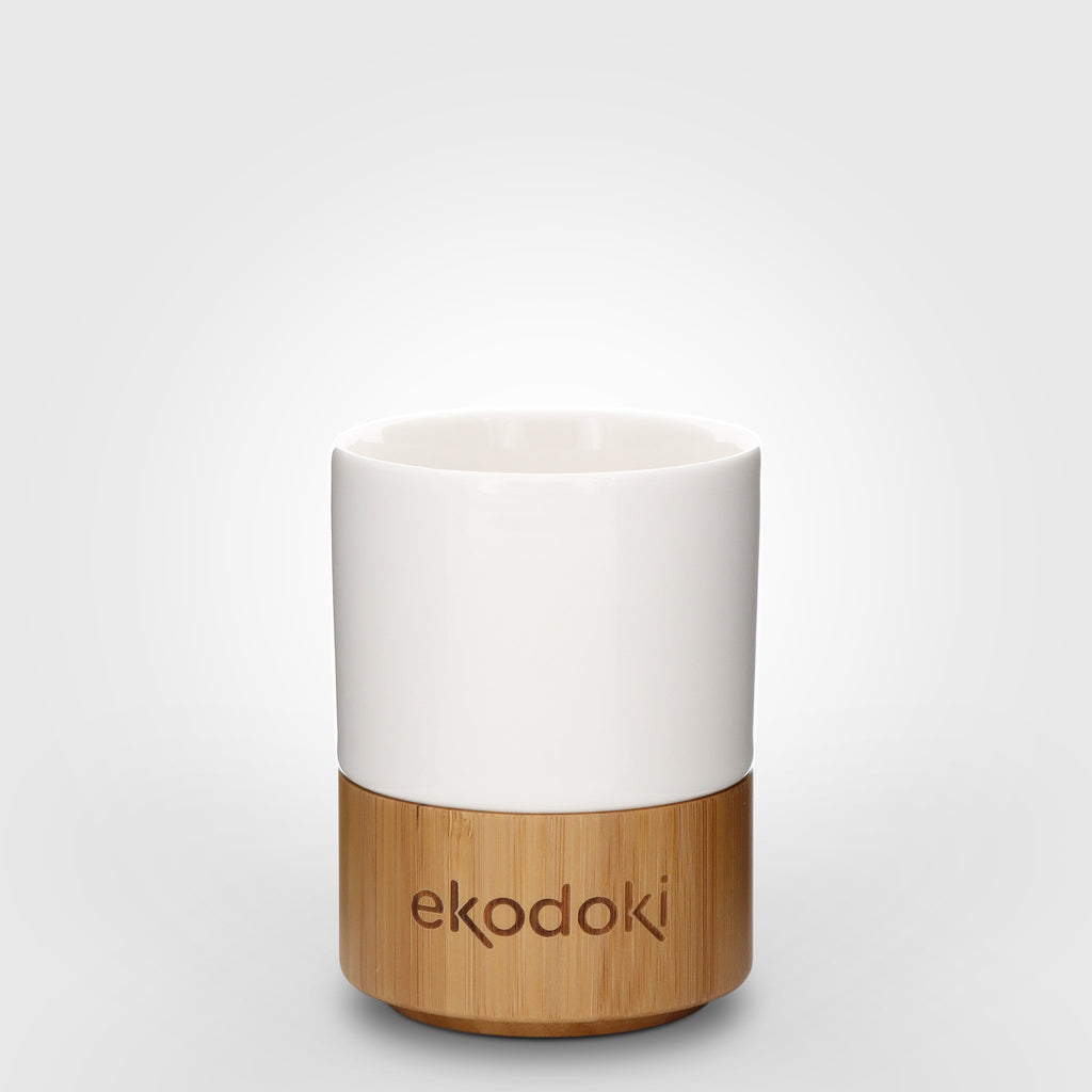 white ceramic and bamboo cup 250ml front eKodoKi COZO