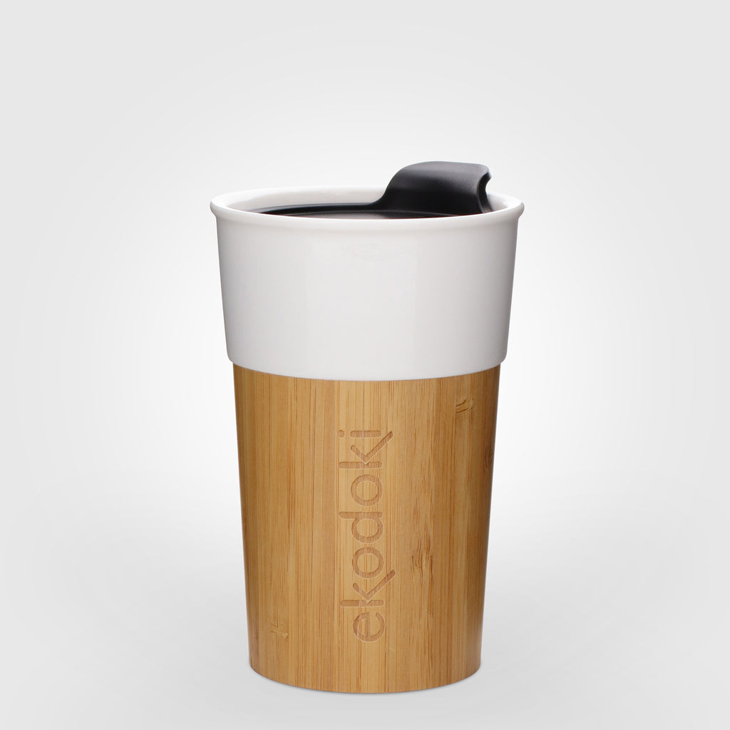white ceramic and bamboo mug 330ml with black lid front eKodoKi MOKKA