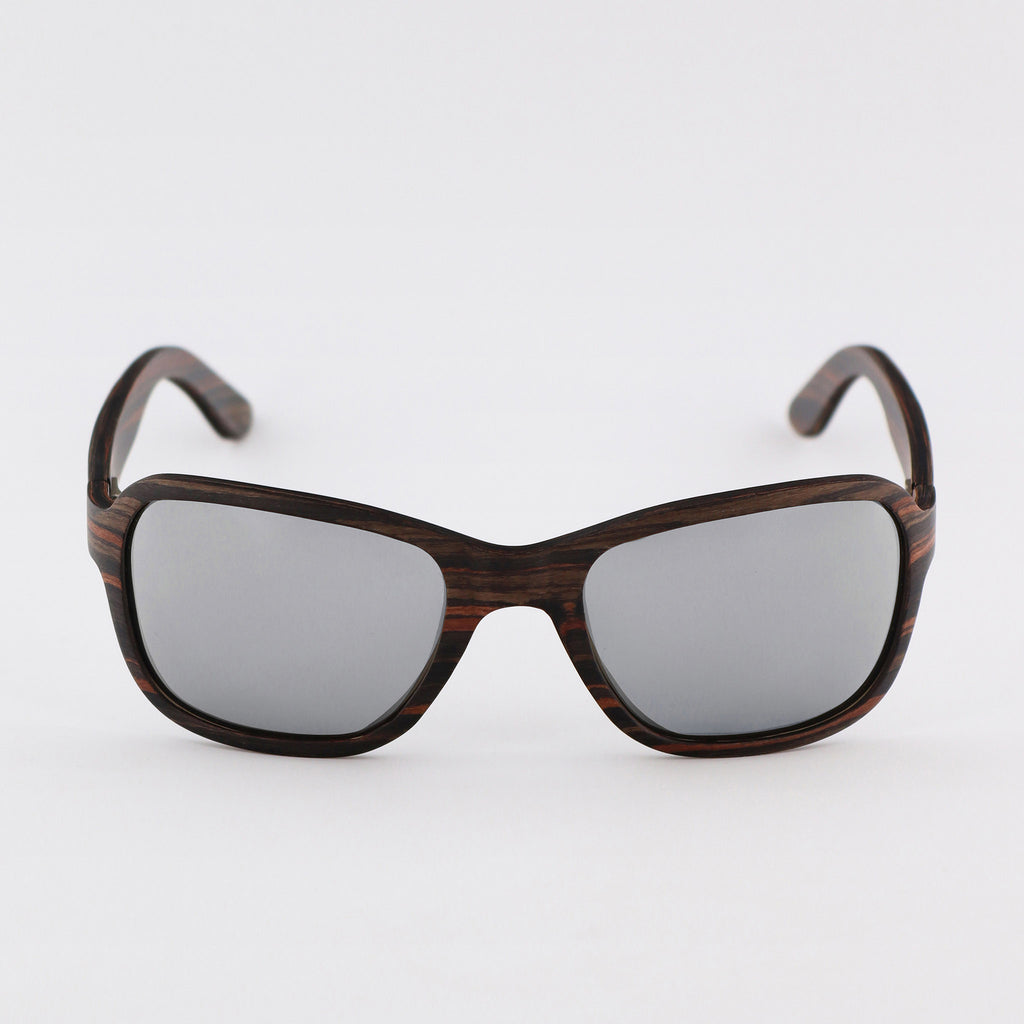wooden sunglasses bug eye style striped ebony wood silver mirror lenses front view eKodoKi FLY