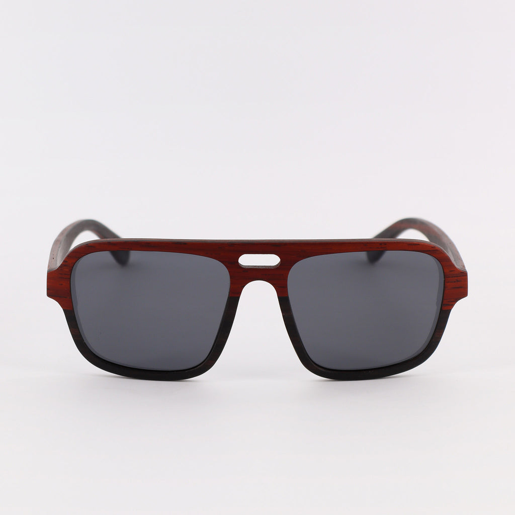 wooden sunglasses pilot style redwood and ebony wood smoke lenses front view eKodoKi DUDE