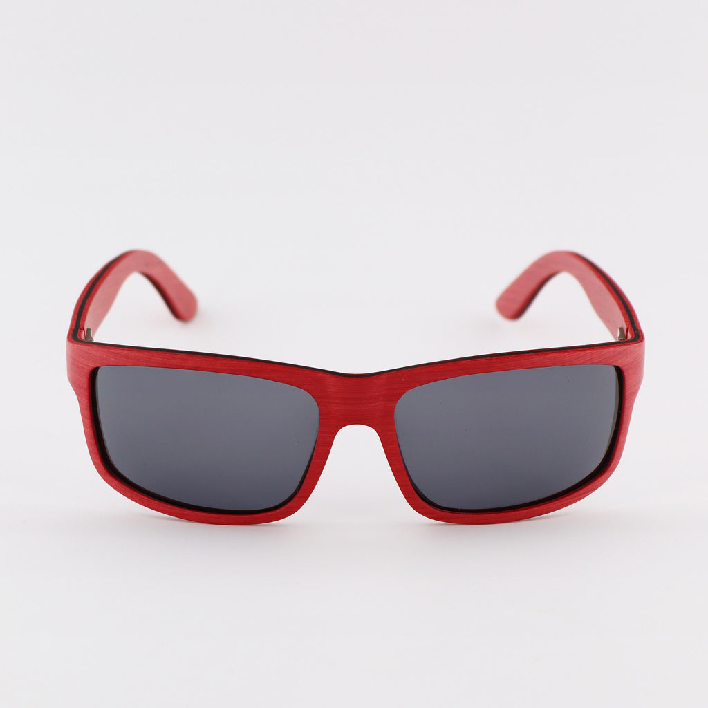 wooden sunglasses rectangle style red maple wood smoke lenses front view eKodoKi RIDER