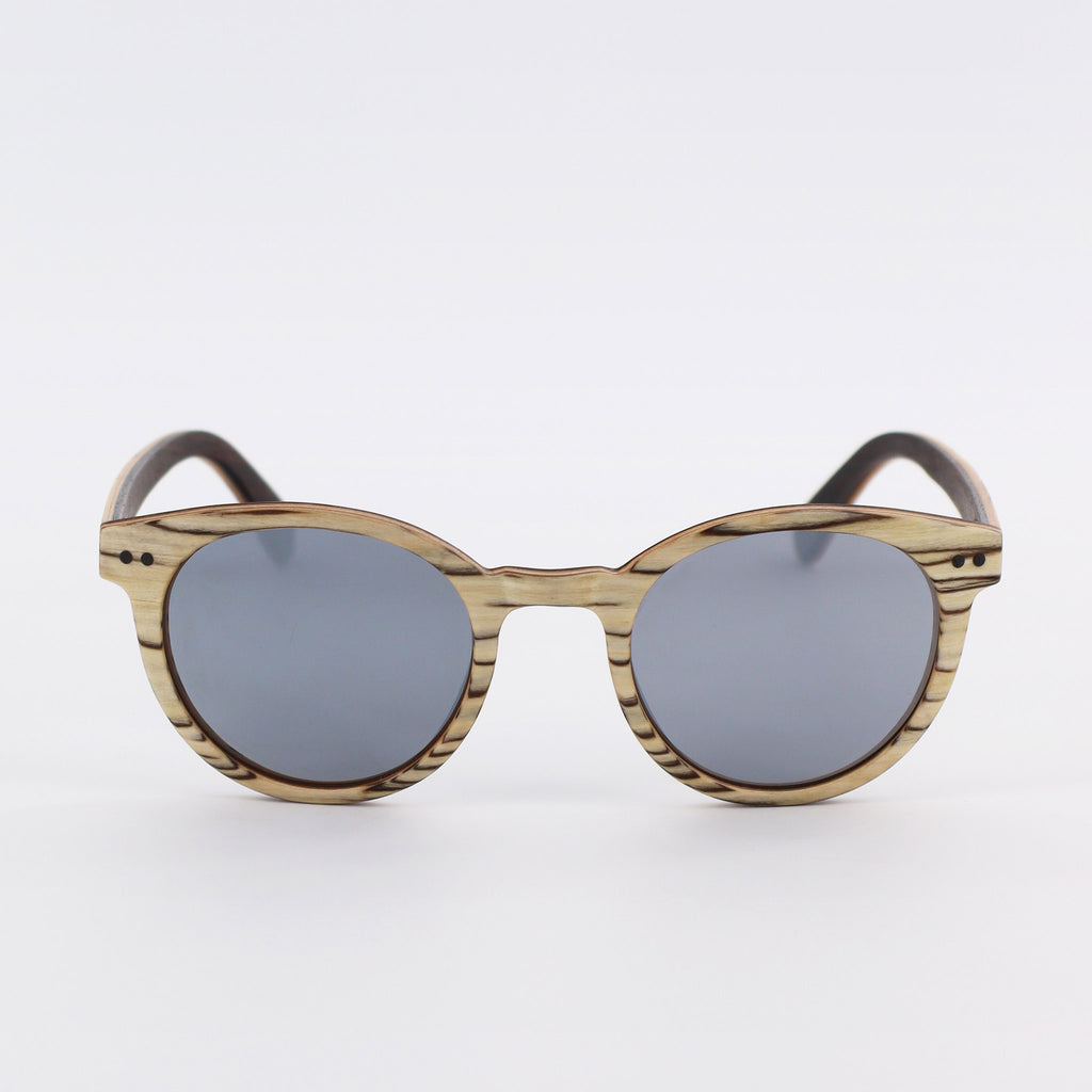 wooden sunglasses round pantos style whitewood wood silver mirror lenses front view eKodoKi SUNDAY
