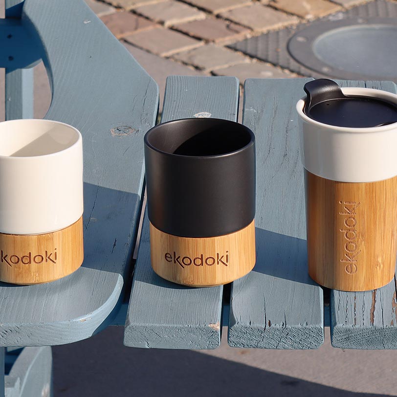 two ceramic cups and one ceramic mug from the brand eKodoKi, used to illustrate the brand's collection of ceramic accessories
