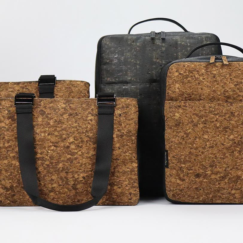 four cork & hanji bags from the brand eKodoKi, used to illustrate the brand's collection of cork fabric and hanji textile bags collection