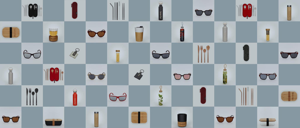 overview of lifestyle accessories from the brand eKodoKi, shown on a checkerboard pattern, and used as desktop banner