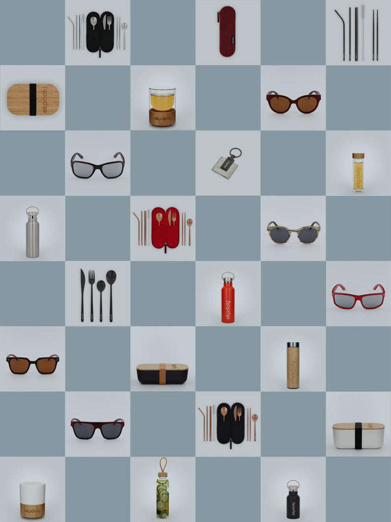 overview of lifestyle accessories from the brand eKodoKi, shown on a checkerboard with a snowflakes and % pattern, and used as mobile banner