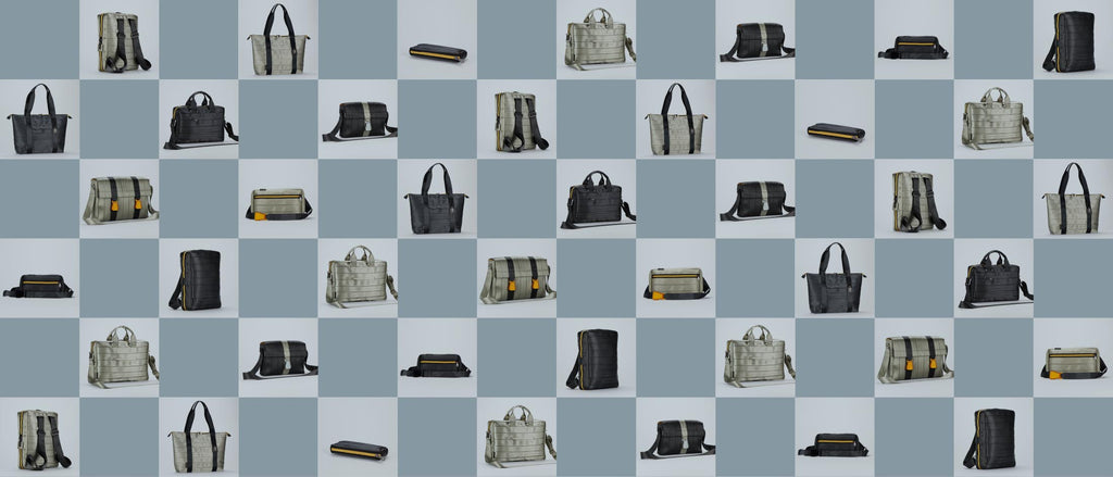 overview of bags from the brand eKodoKi, shown on a checkerboard pattern, and used as desktop banner