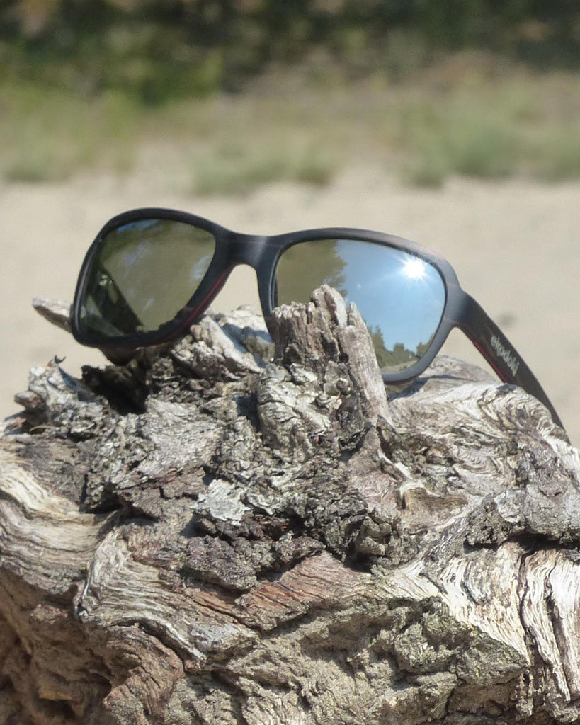 bug-eye wooden sunglasses from the brand eKodoKi laying outdoor on a natural piece of wood, used as mobile banner
