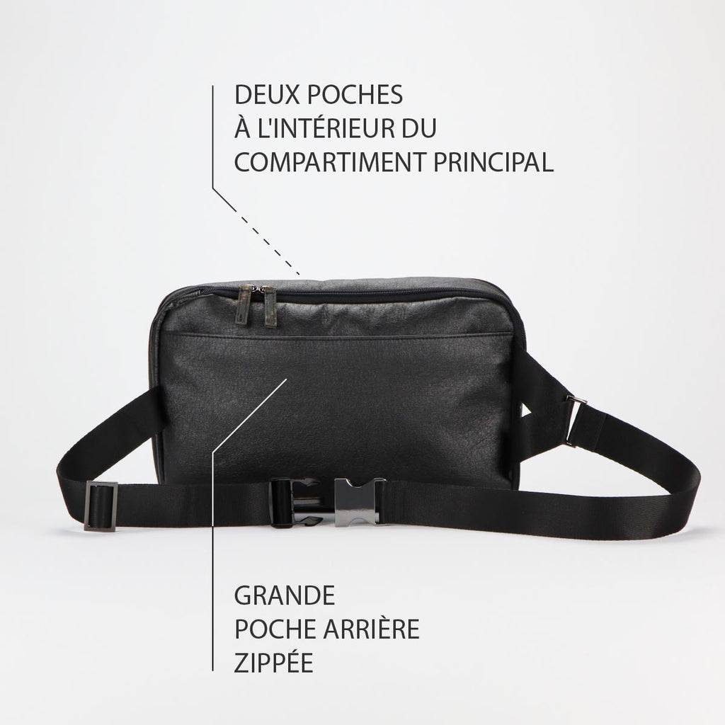 photographie de l'arriere d'un sac banane lasuré noir taille L de la collection KWORK par eKodoKi, avec une liste de ses principales caractéristiques