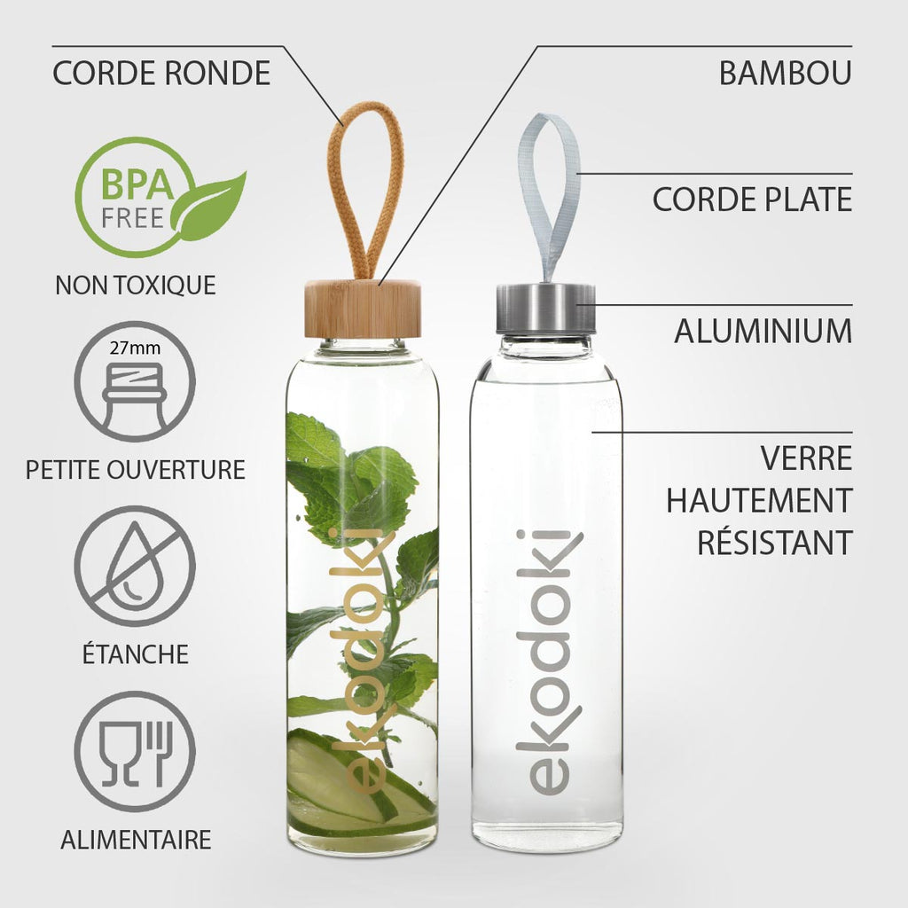 Photographie de l'extérieur de deux bouteilles réutilisables en verre HYDRO de la marque eKodoKi, superposée à une liste de ses nombreuses caractéristiques et avantages.