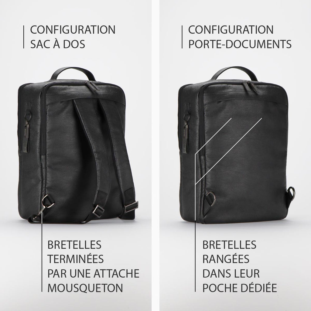 deux photographies du dos d'un sac à dos duo noir lasuré taille L de la collection KWORK par eKodoKi, avec une explication de ses principales caractéristiques de configuration