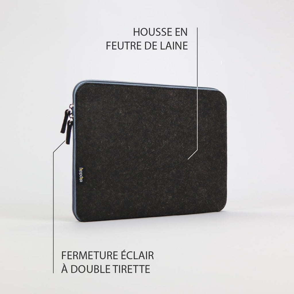 photographie de l'extérieur d'une sacoche pour ordinateur portable 15 pouces, de couleur anthracite et noir, de la collection WOOLI par eKodoKi, avec une liste de ses principales caractéristiques