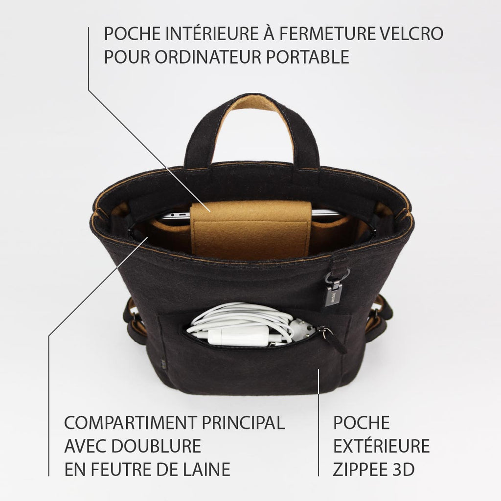 photographie de l'intérieur d'un sac à dos coursier noir et ocre jaune taille L de la collection WOOLI par eKodoKi, avec une liste de ses principales caractéristiques