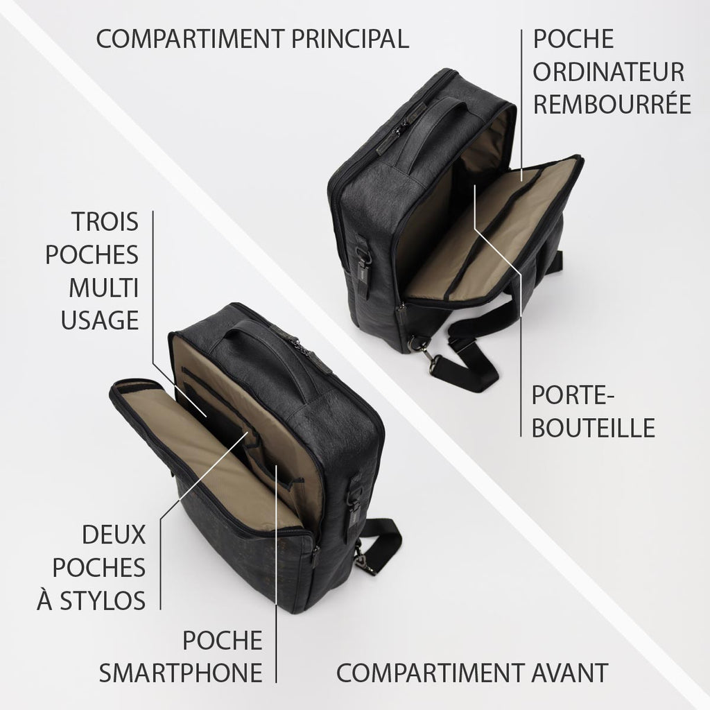 photographie de l'intérieur d'un sac à dos duo noir lasuré taille L de la collection KWORK par eKodoKi, avec une liste de ses principales caractéristiques