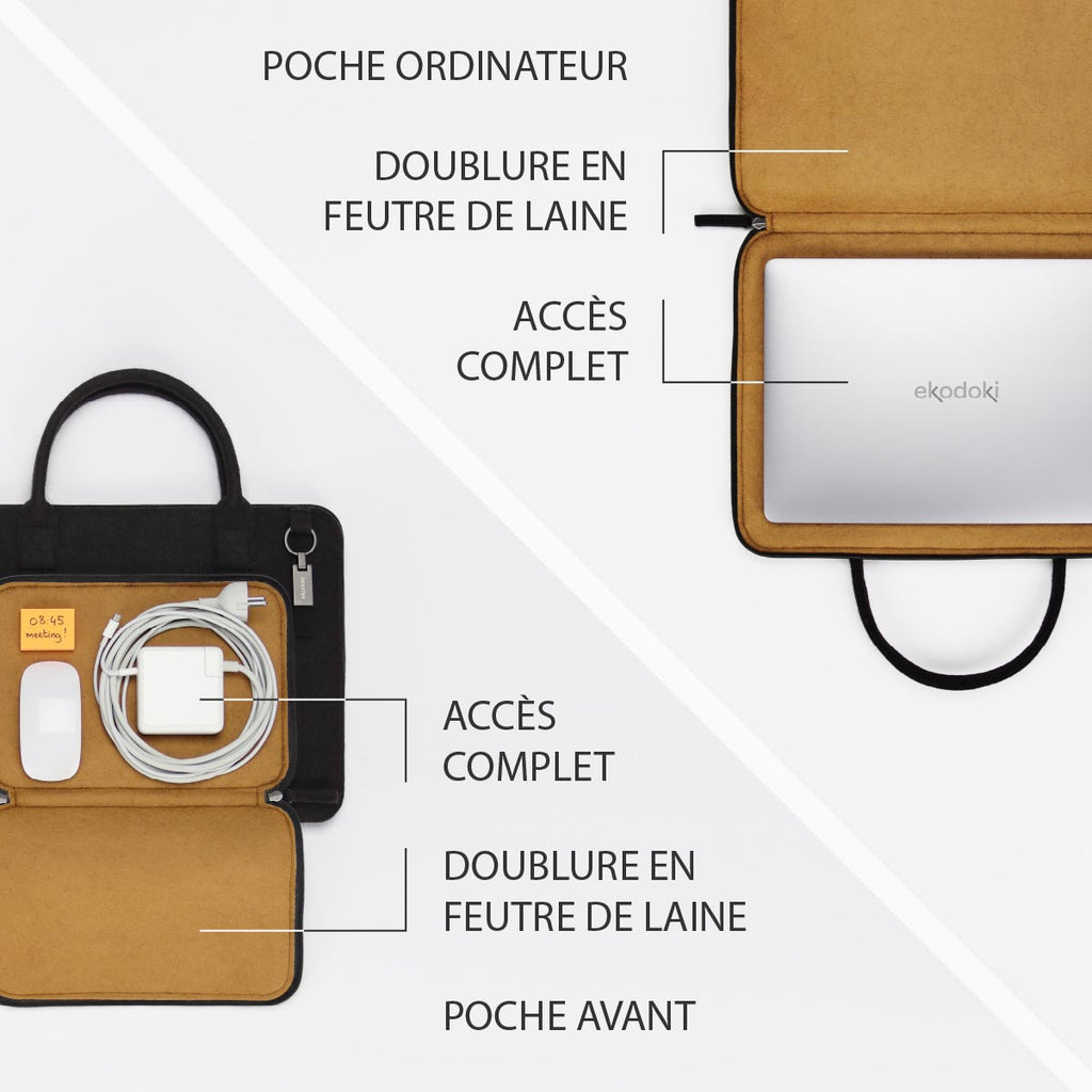 deux photographies de l'intérieur d'une sacoche pour ordinateur portable 15 pouces, de couleur noir et ocre jaune, de la collection WOOLI par eKodoKi, avec une liste de ses principales caractéristiques