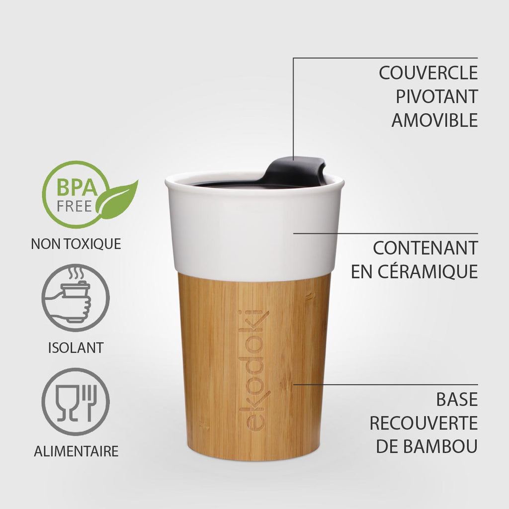 Photographie de l'extérieur du mug MOKKA de la marque eKodoKi, superposée avec une liste de ses caractéristiques clés et avantages.