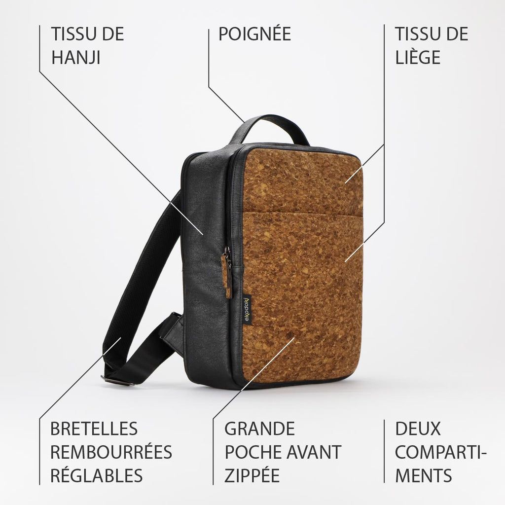 photographie de l'extérieur d'un sac à dos ocre brun taille M de la collection KWORK par eKodoKi, avec une liste de ses principales caractéristiques