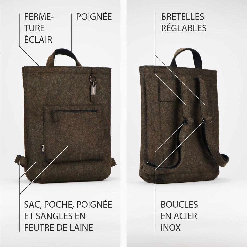 deux photographies de l'extérieur d'un sac à dos coursier marron et noir taille L de la collection WOOLI par eKodoKi, avec une liste de ses principales caractéristiques