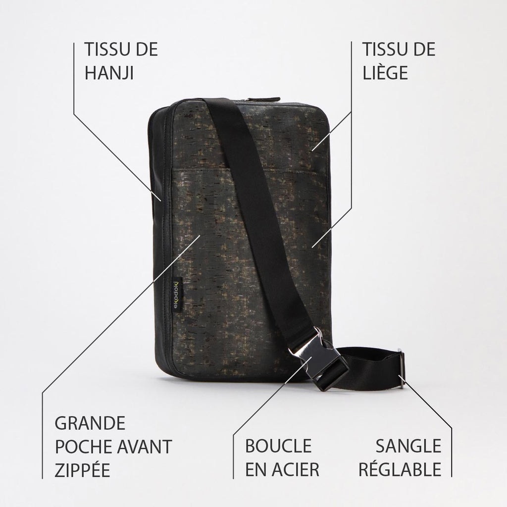 photographie de l'extérieur d'un sac banane noir lasuré taille L de la collection KWORK par eKodoKi, avec une liste de ses principales caractéristiques