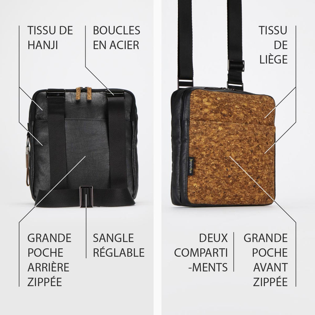 deux photographies de l'extérieur d'un sac porté croisé ocre brun taille M de la collection KWORK par eKodoKi, avec une liste de ses principales caractéristiques