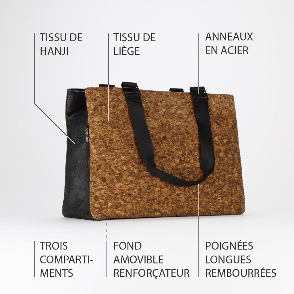 photographie de l'extérieur d'un sac porté épaule ocre brun taille L de la collection KWORK par eKodoKi, avec une liste de ses principales caractéristiques
