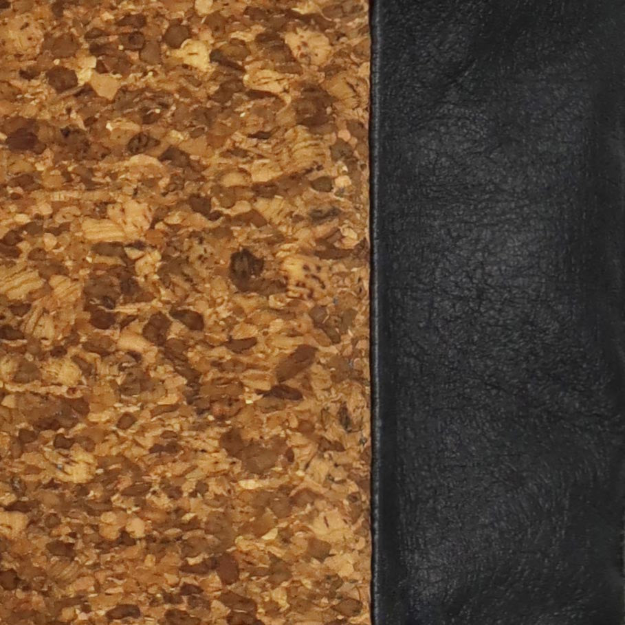 close-up detail of the two materials from the KWORK bag collection from the brand eKodoKi, cork fabric, shown here in its sienna flocked variant, and black hanji textile