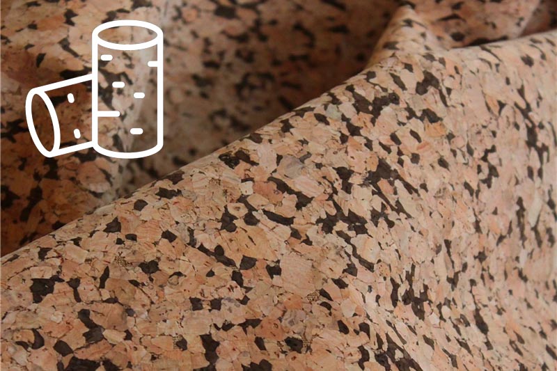 Deatil of a sheet of cork fabric, overlaid with a cork stopper icon