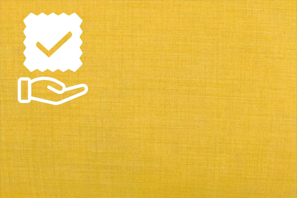 detail of golden yellow fabric showing the woven structure, overlaid with icon of a hand under a fabric sample overlaid with a tick sign