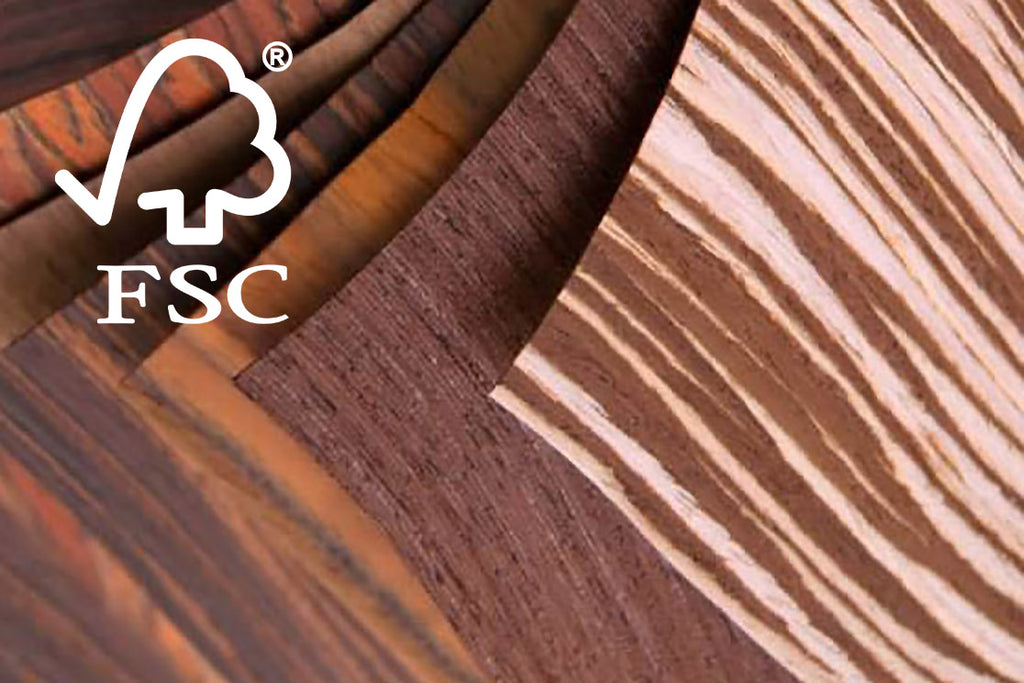 sheets of wood veneer from different wood types, overlaid with FSC certification logo