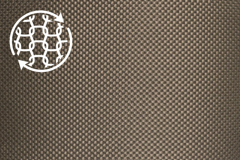 detail of a sheet of recycled nylon fabric, overlaid with a recycled nylon icon