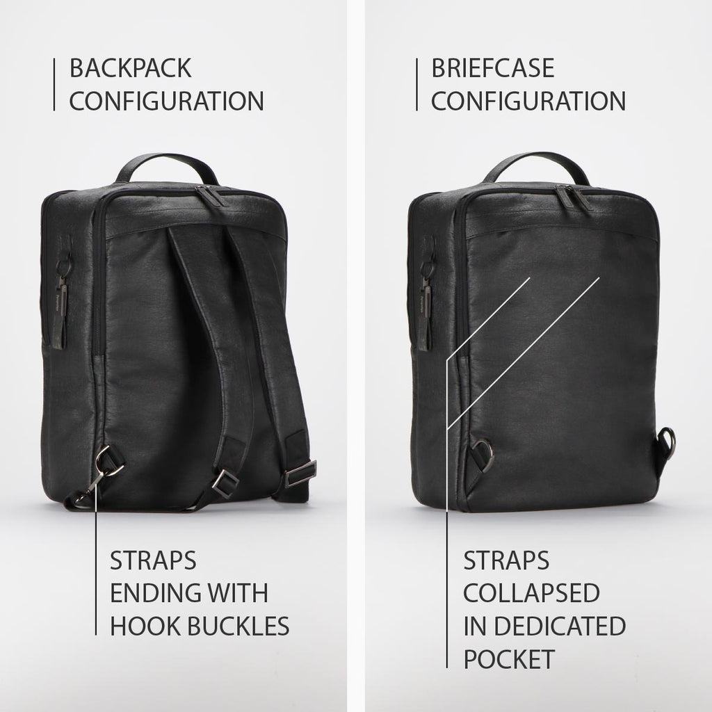 two photographs of the back of a black washed backpack duo size L from the KWORK collection by eKodoKi, overlaid with an explanation of its key configuration features
