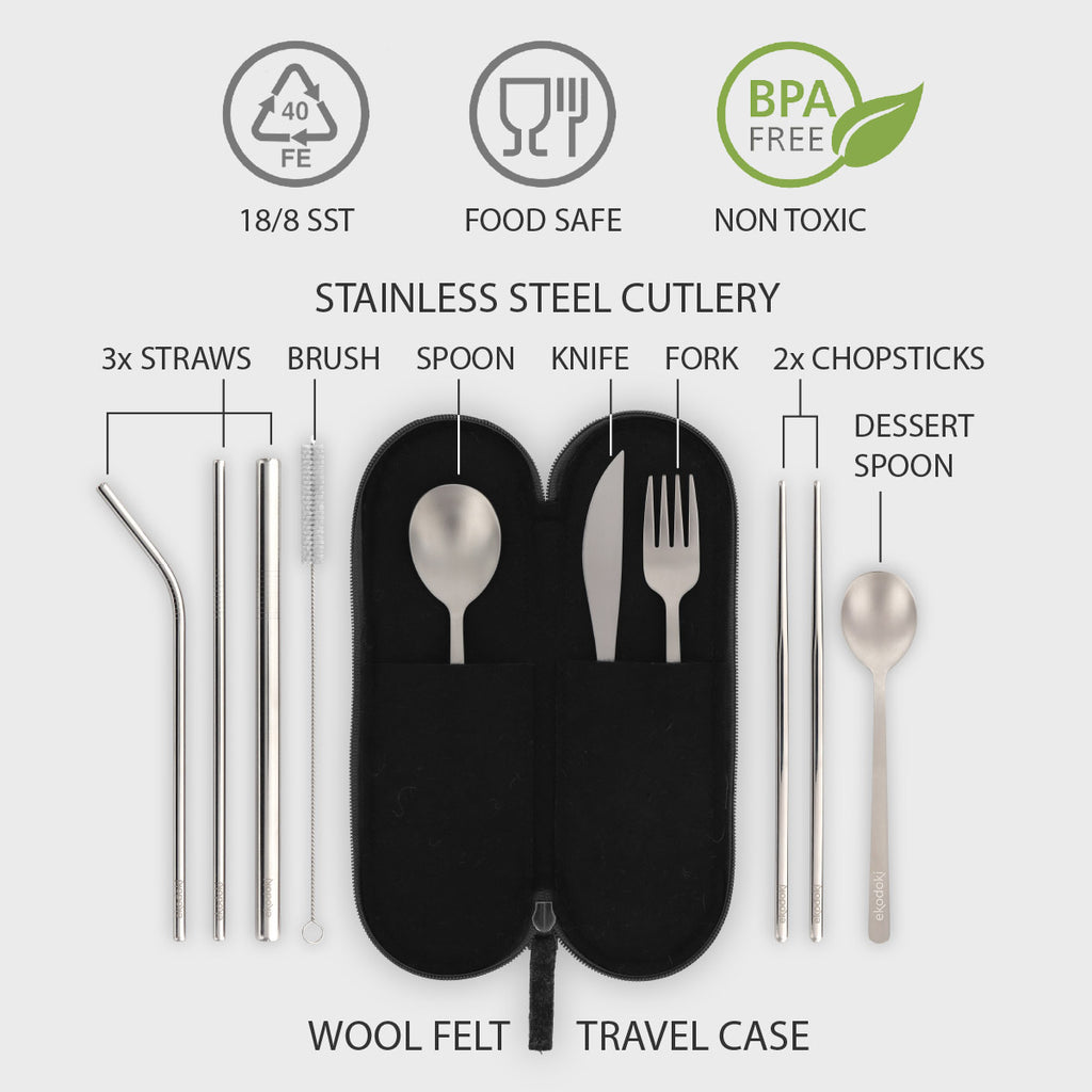photograph of all items included in all KITTO/WOOLI cutlery sets by eKodoKi, overlaid with a description of them, as well as key benefits